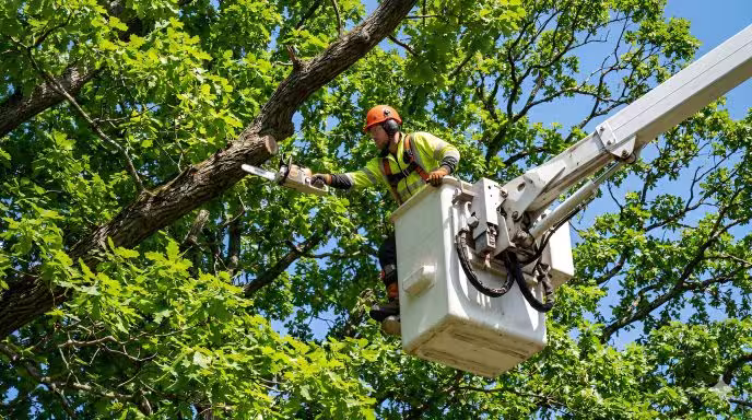 Worker in safety gear cutting a tree branch using a chainsaw from an elevated bucket lift among green trees.