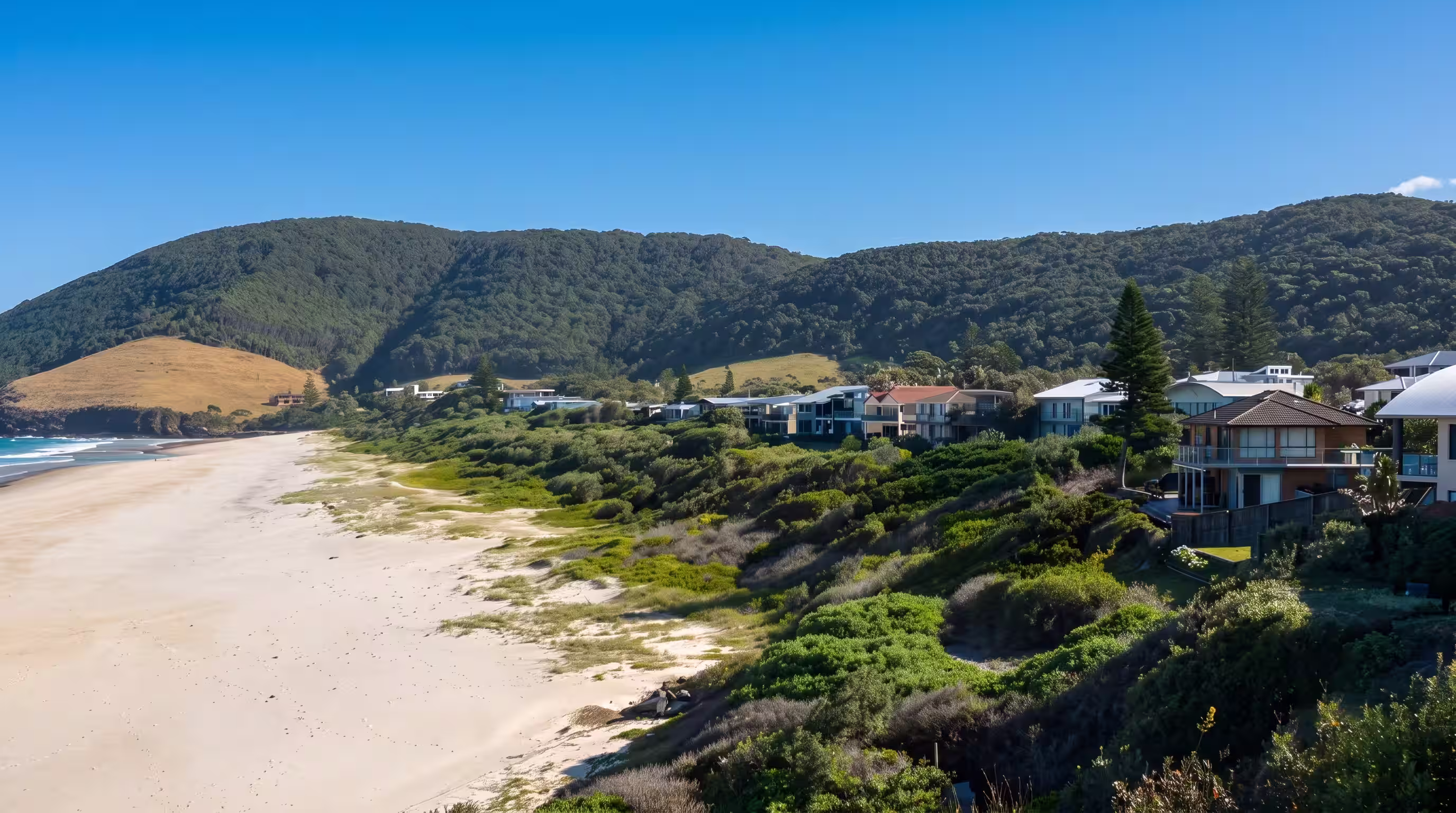 Coastal residential area with houses near sandy beach and forested hills under blue sky.