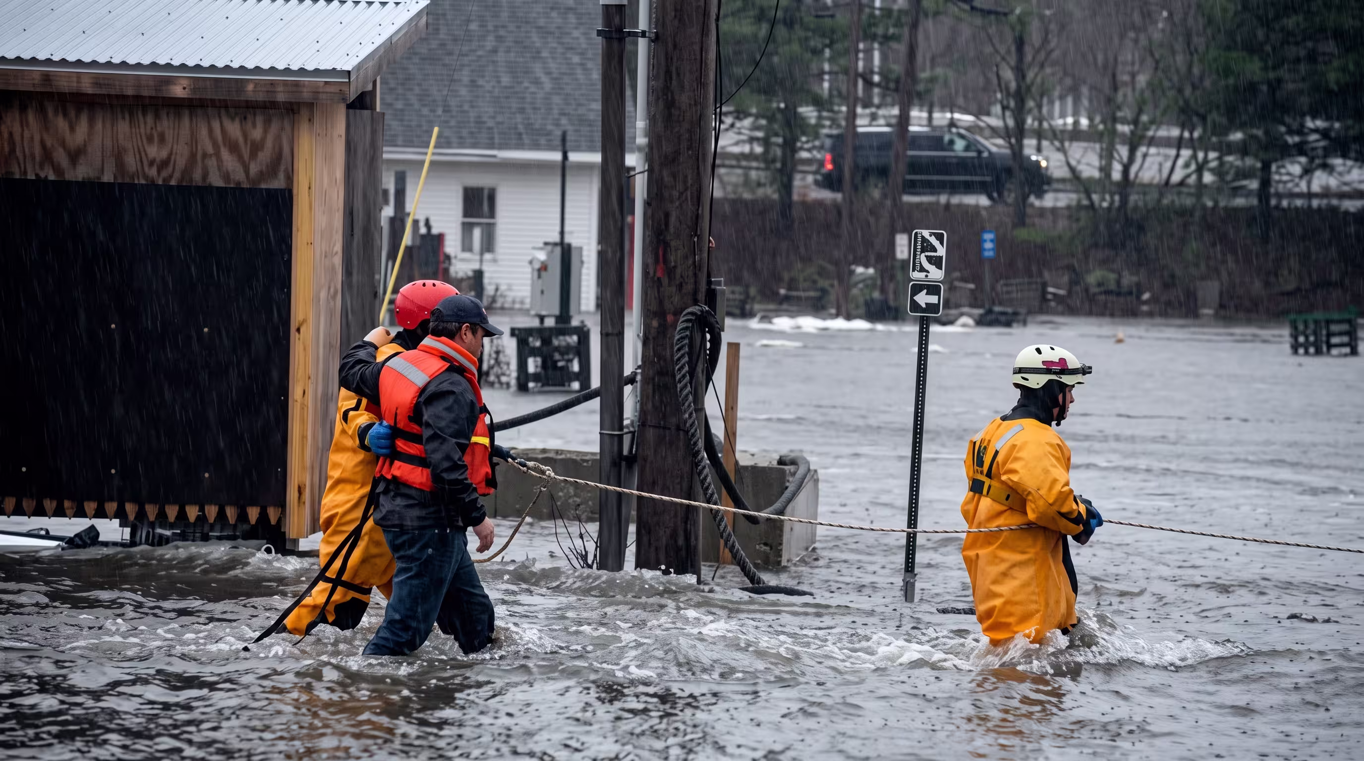 Three rescue workers in waterproof gear holding a rope while walking through floodwaters in rainy weather.