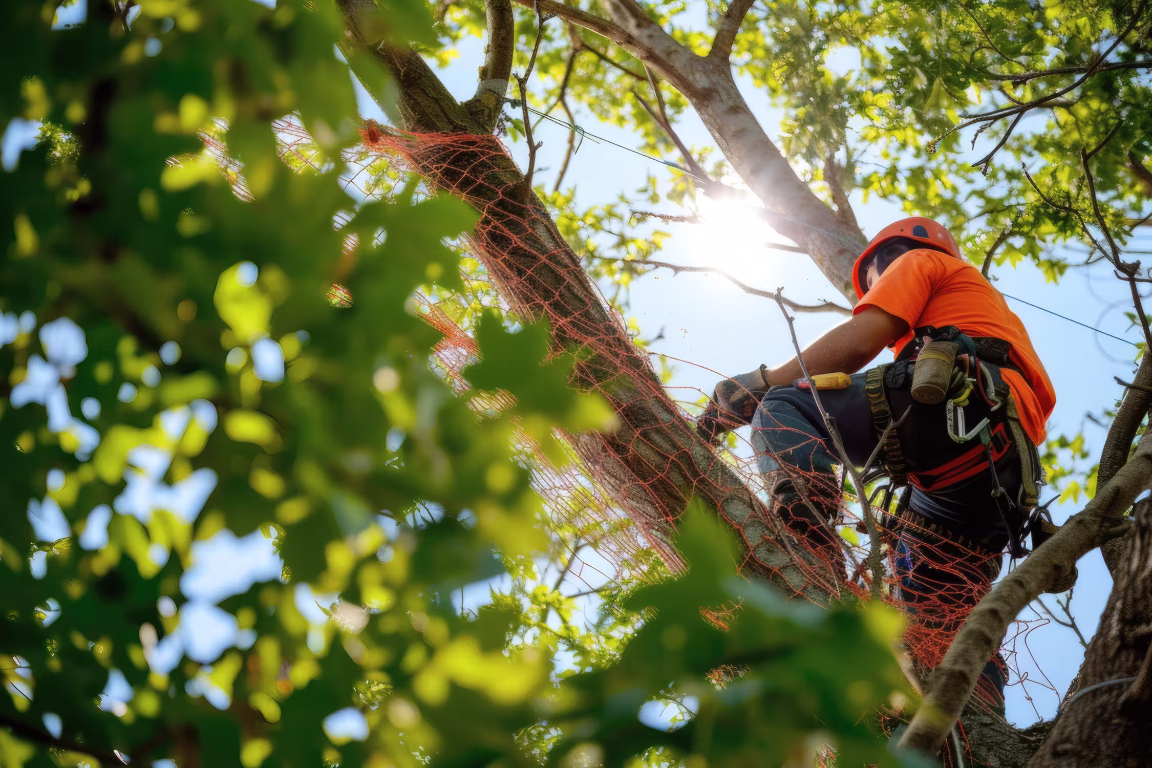 Arborist in orange helmet and shirt pruning a tree while secured with safety harness and ropes.