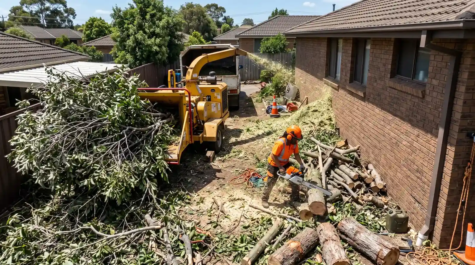 Arborist wearing safety gear climbs a tree holding branches with a chainsaw attached to their harness.