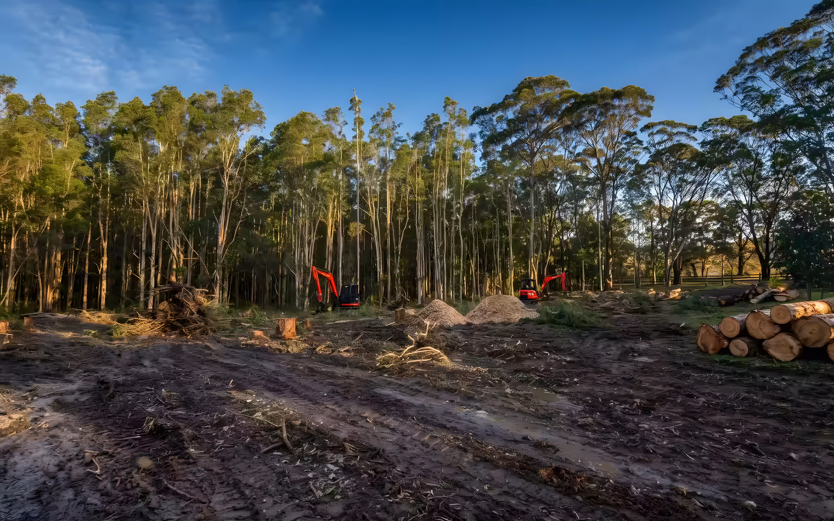 Excavators and stacked logs on a large cleared bush block among tall gums
