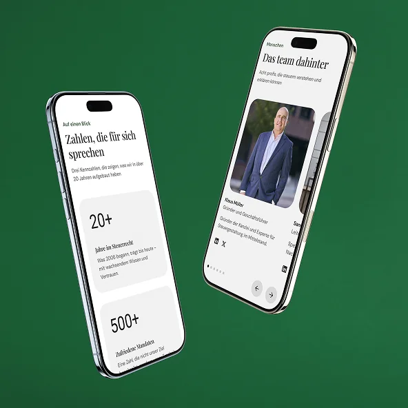 Verschiedene Ansichten der Mobile Variante von Müller und Partner Steuerberatung