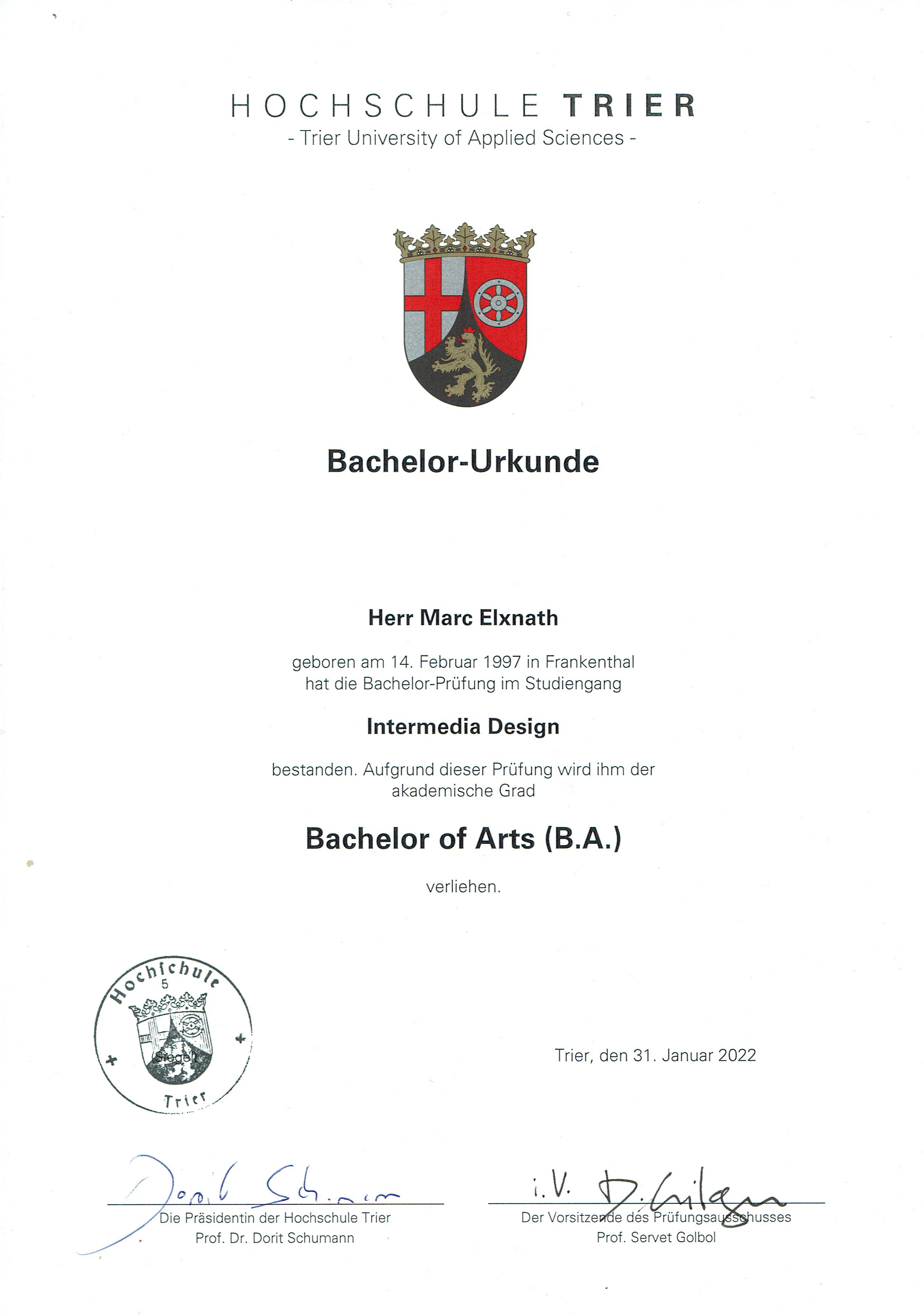 Das Bachelor Zertifikat von Marc Elxnath an der Hochschule Trier im Bereich Intermedia Design
