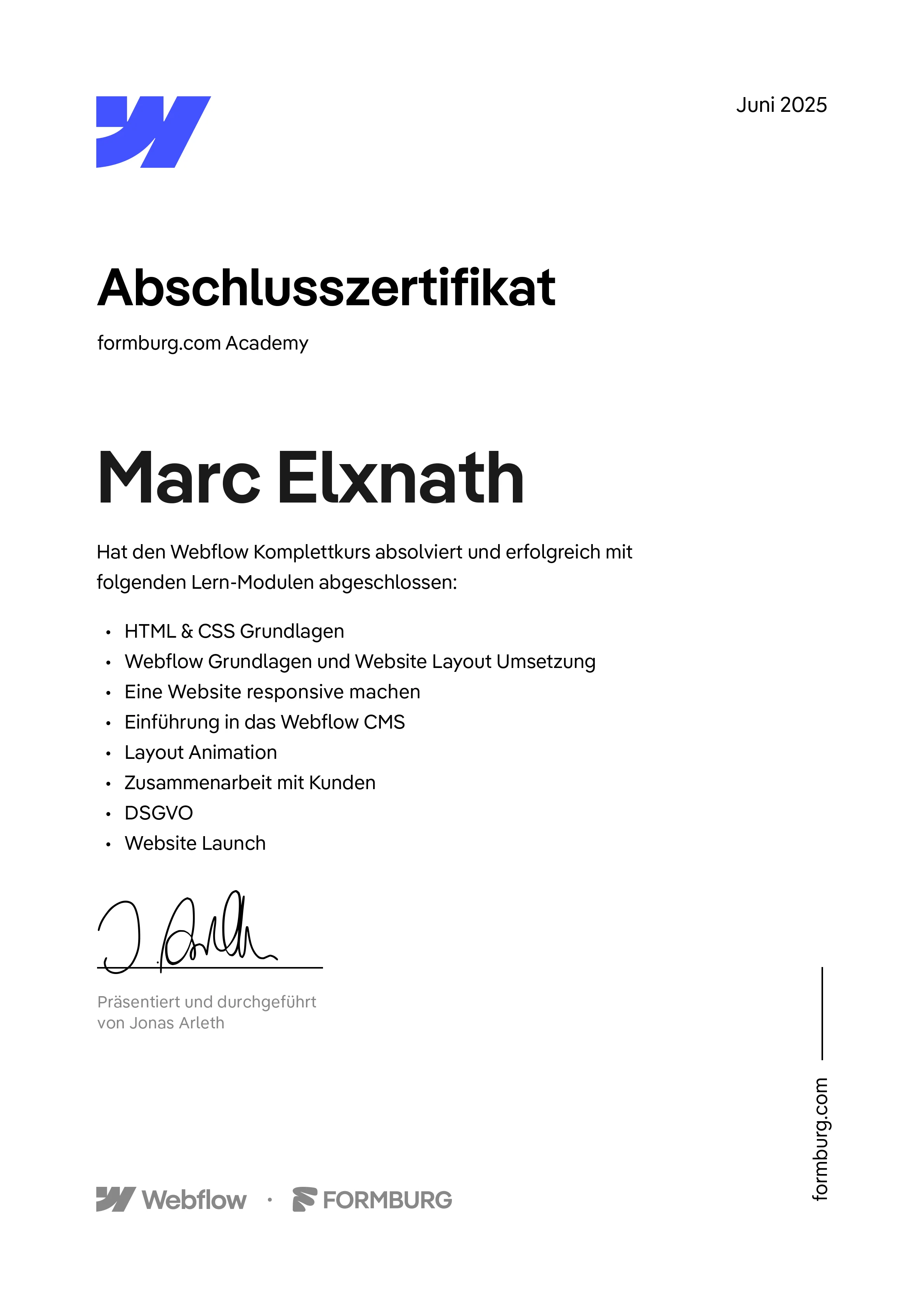 Abschlusszertifikat von Marc Elxnath als zertifizierter Webflow Entwickler von Formburg