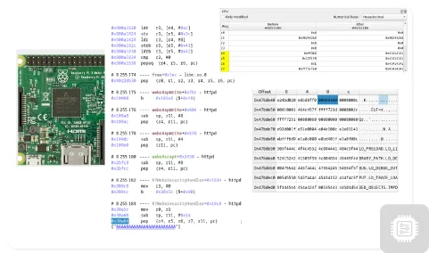 Circuit board image alongside sections of hexadecimal code and memory address data with CPU register values before and after modification.