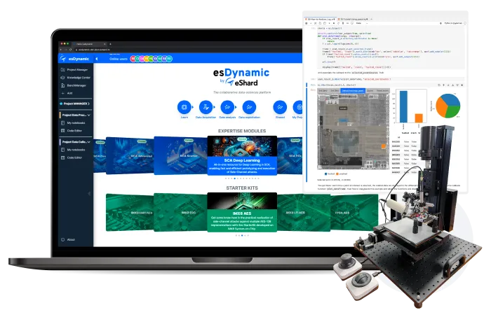 Laptop displaying esDynamic data science platform interface with expertise modules and starter kits, alongside a precision scientific instrument setup with a control panel.