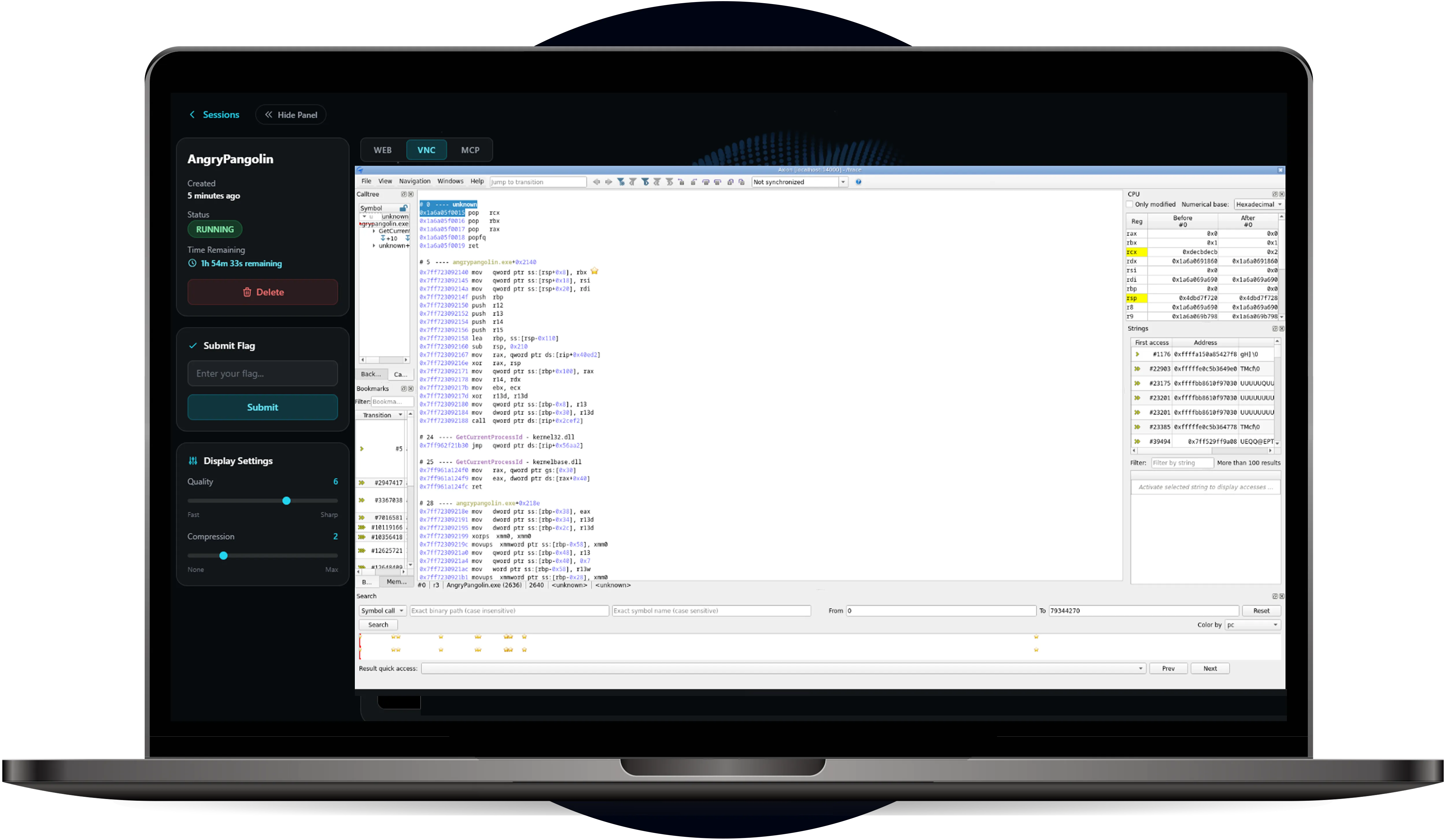 Laptop screen showing a software debugging interface with assembly code, CPU registers, and session controls.