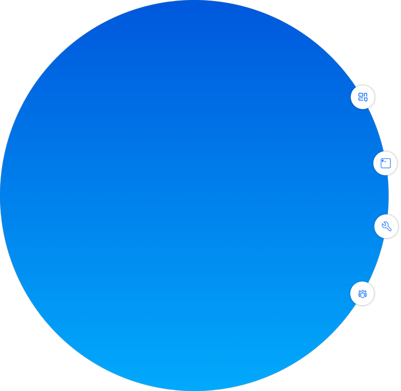Blue circular infographic with four white icon buttons arranged vertically on the right side, featuring a grid, a wallet, a wrench, and a group of people icons.