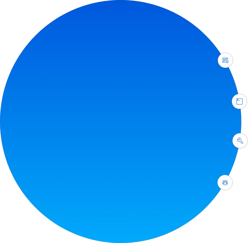 Blue circular infographic with four white icon buttons arranged vertically on the right side, featuring a grid, a wallet, a wrench, and a group of people icons.
