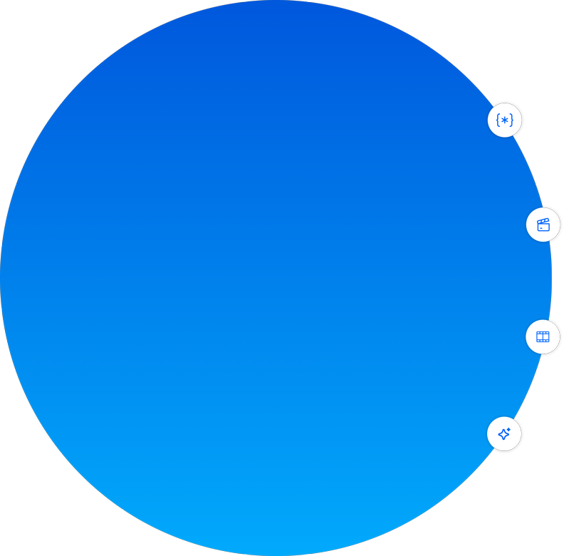 Blue circular icon with four small white buttons on the right side showing symbols for code brackets, video clapperboard, filmstrip, and magic wand.