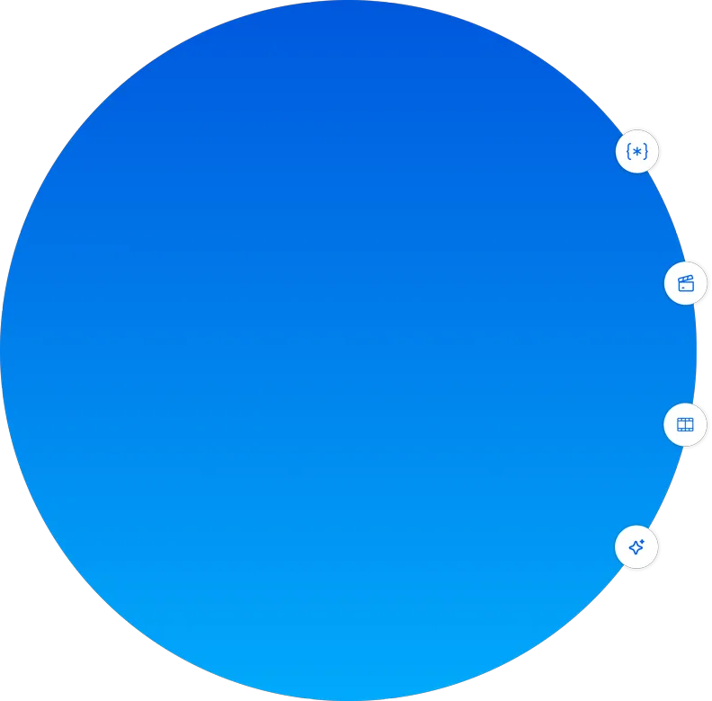 Blue circular icon with four small white buttons on the right side showing symbols for code brackets, video clapperboard, filmstrip, and magic wand.