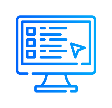 Blue line icon of a computer monitor displaying a checklist with a navigation cursor.