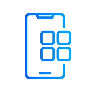 Blue line icon of a smartphone with four square app icons on the screen.