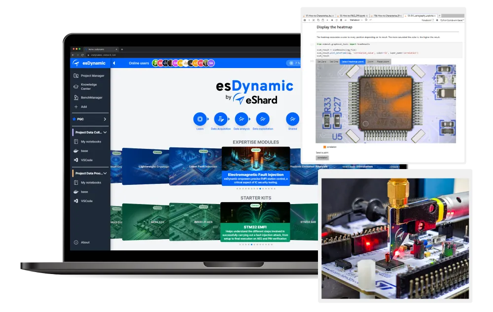 Laptop showing esDynamic software interface with EMFI data modules and analysis tools, inset image of a close-up of a circuit board under laser testing equipment.