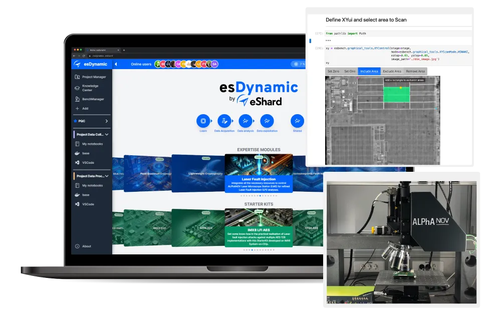 Laptop screen showing esDynamic software with project management interface, expertise modules, and starter kits; inset images of code snippet for defining XY coordinates to scan and a laser fault injection device labeled ALPhA NOV.