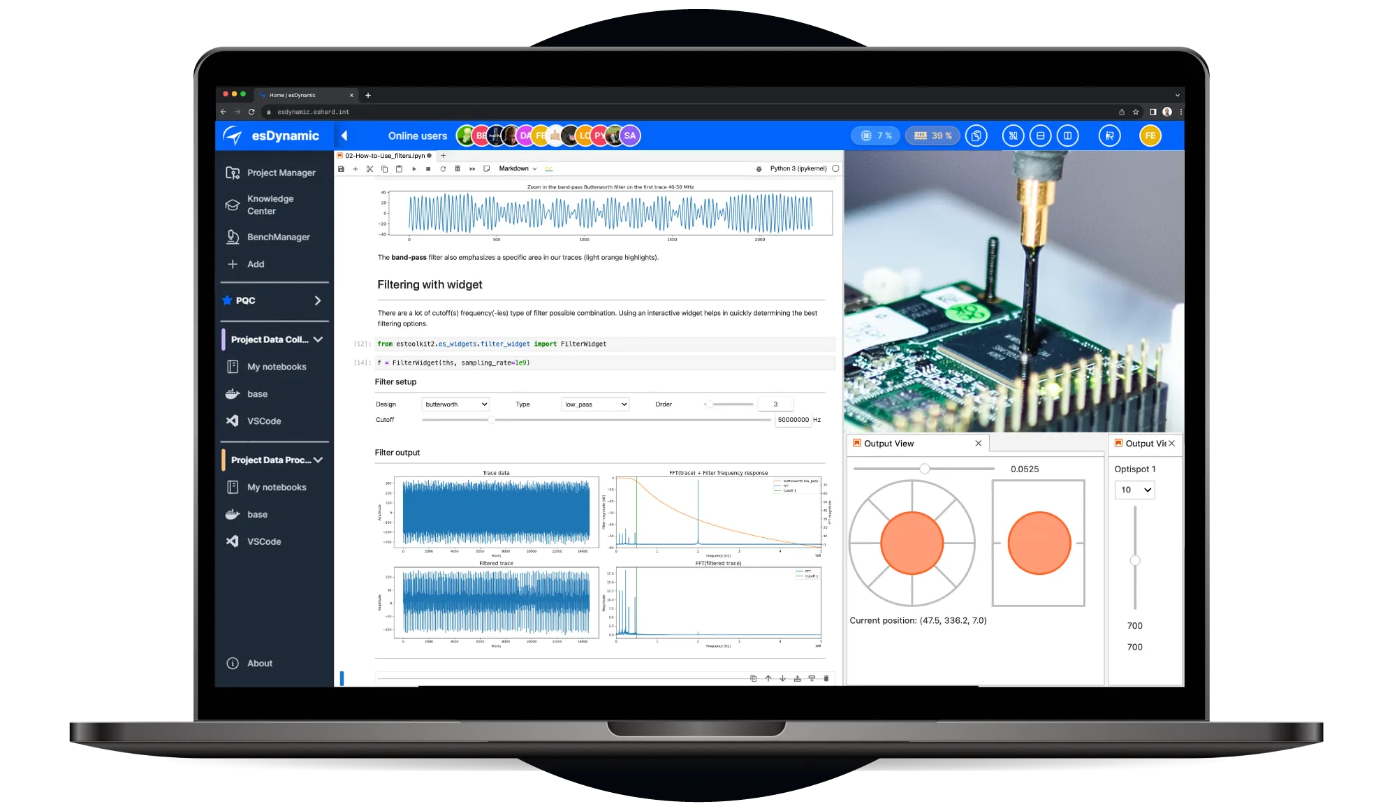 Open laptop displaying esDynamic software interface with signal filtering widget and a photo of a SCA circuit board being drilled.