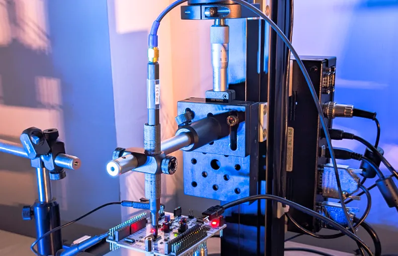 Close-up of a Motorized Hardware testing equipment with probes and circuit board on a workbench, illuminated by blue and orange lighting.