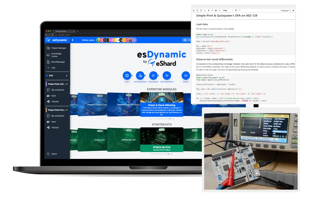 Laptop showing esDynamic by eShard interface with expertise modules in Glitching Fault Injection and starter kits, alongside a smaller window displaying code for AES-128 fault analysis and a hardware setup with an STM32 board connected to test equipment.