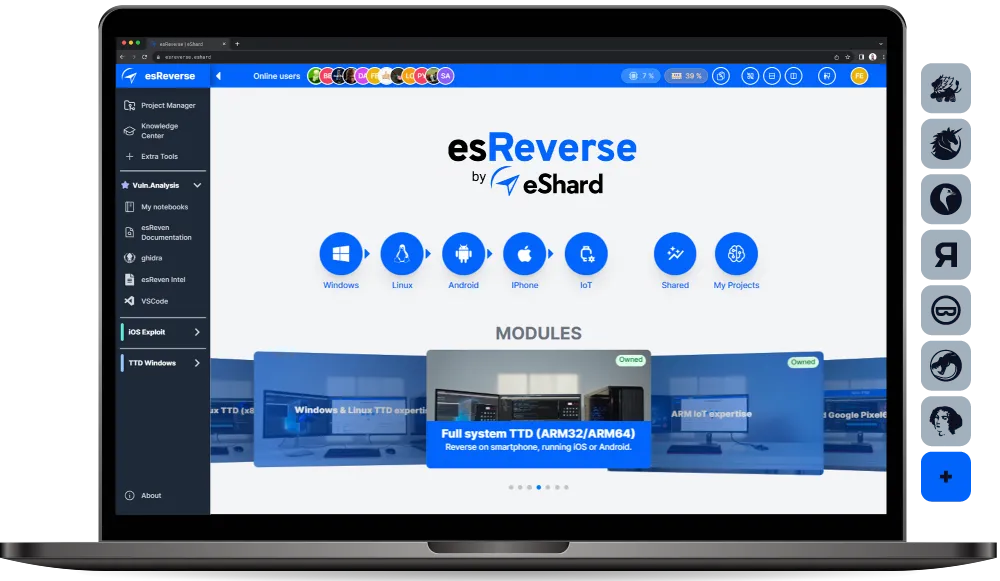 Laptop screen showing esReverse by eShard software interface with icons for Windows, Linux, Android, iPhone, IoT, Shared, and My Projects, and a carousel of modules including Full system TTD (ARM32/ARM64).