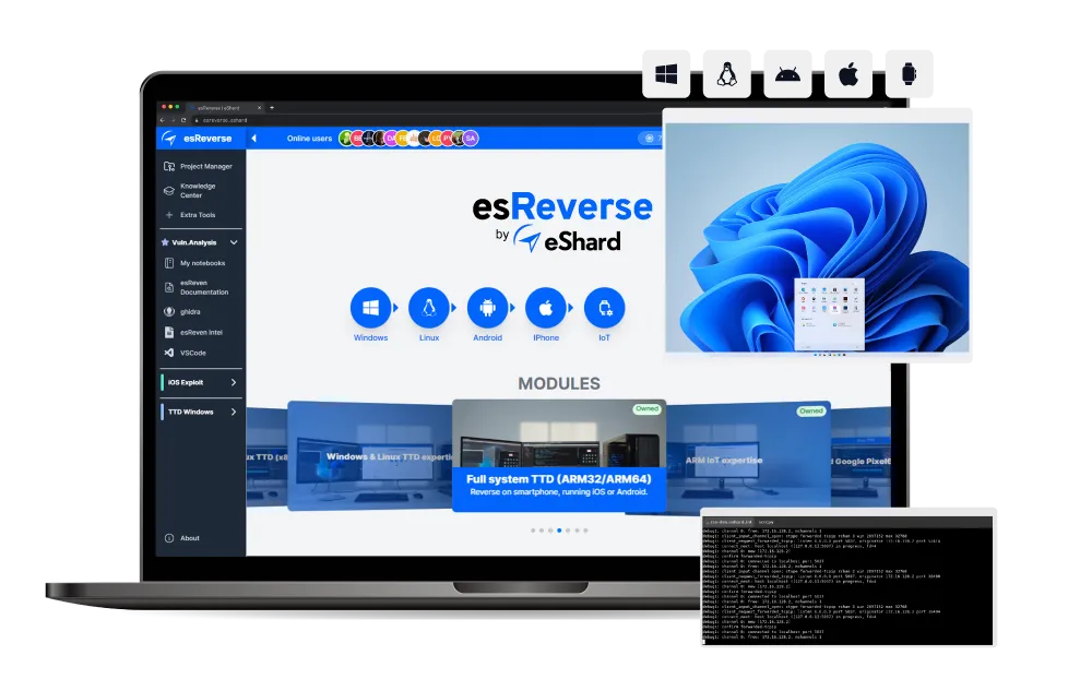Laptop screen showing esReverse platform by eShard with modules for Windows, Linux, Android, iPhone, and IoT, plus overlays of Windows desktop and command line output.