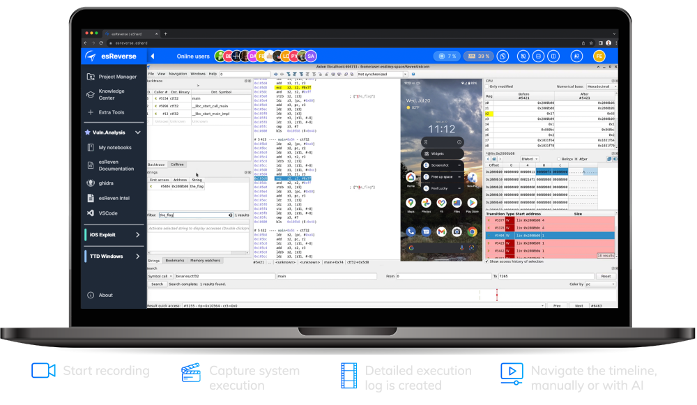Software debugging interface showing CPU registers, assembly code, and a file explorer window on a Windows desktop with icons for Windows, Linux, Android, and iOS availability.