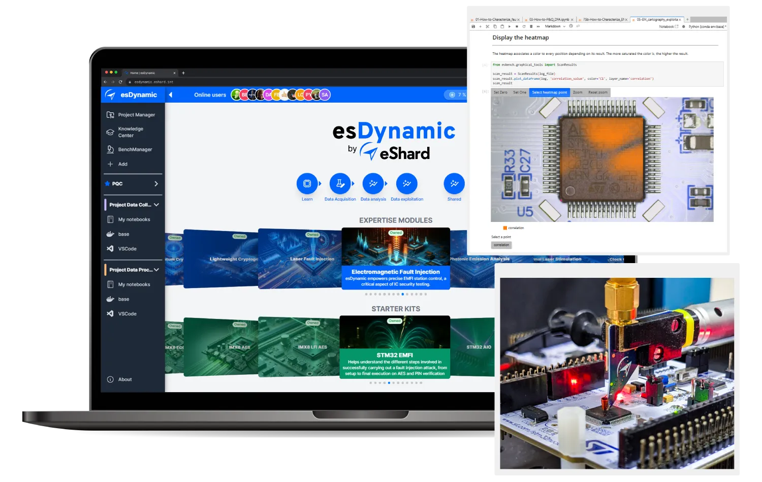 Laptop screen showing esDynamic software with modules for fault injection and hardware testing images.