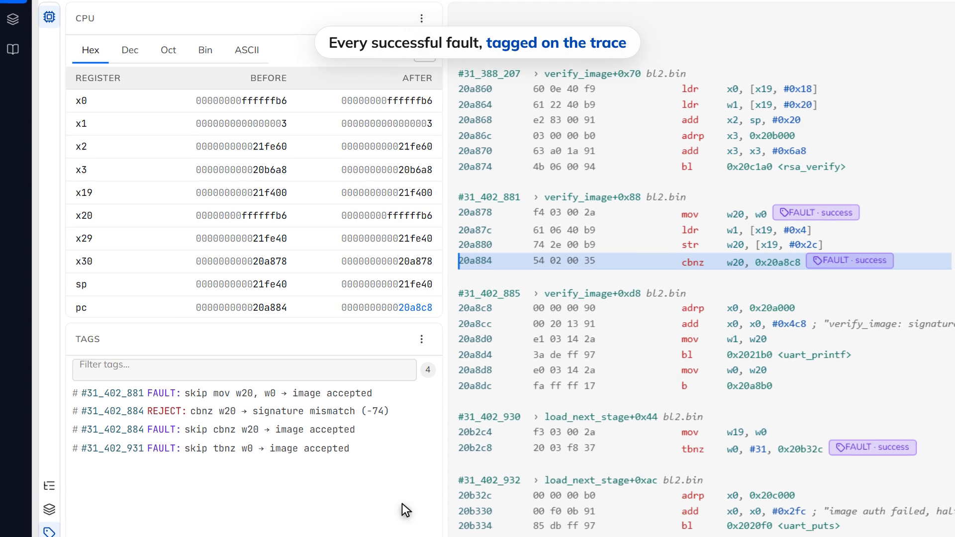 Fault campaign results tagged on a recorded secure boot in Epoch Analysis