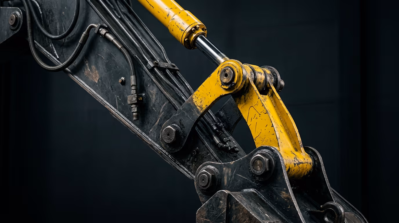 Close-up of a mechanical excavator arm with yellow hydraulic components and black metal parts.