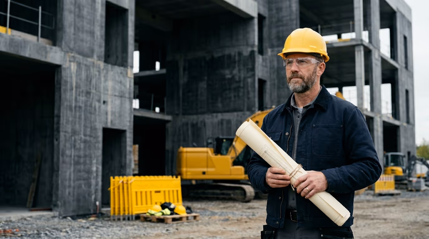 Construction site manager wearing a yellow hard hat and safety glasses holding rolled blueprints at a building under construction.
