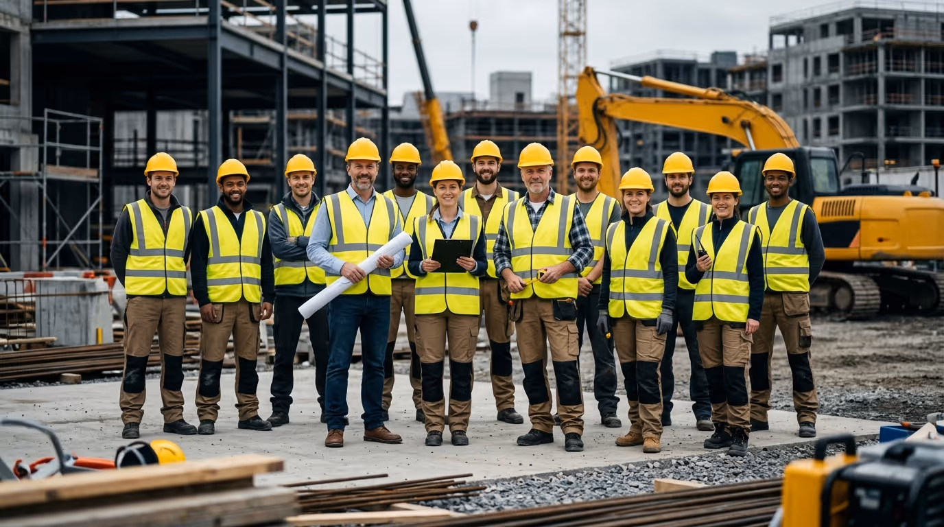 Construction team wearing yellow helmets and reflective vests standing at a building site with machinery and scaffolding in the background.