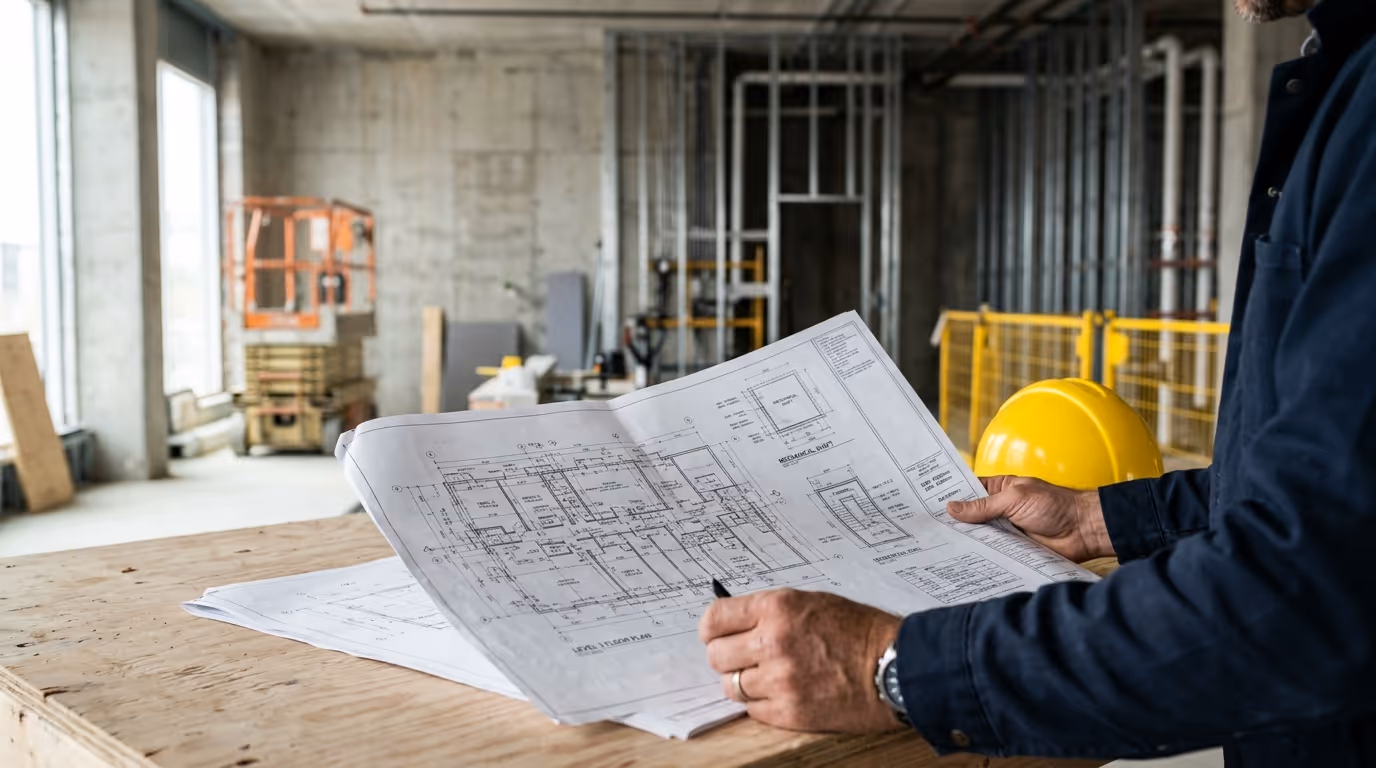 Construction worker reviewing architectural blueprints on a plywood table inside a building under construction with a yellow hard hat nearby.