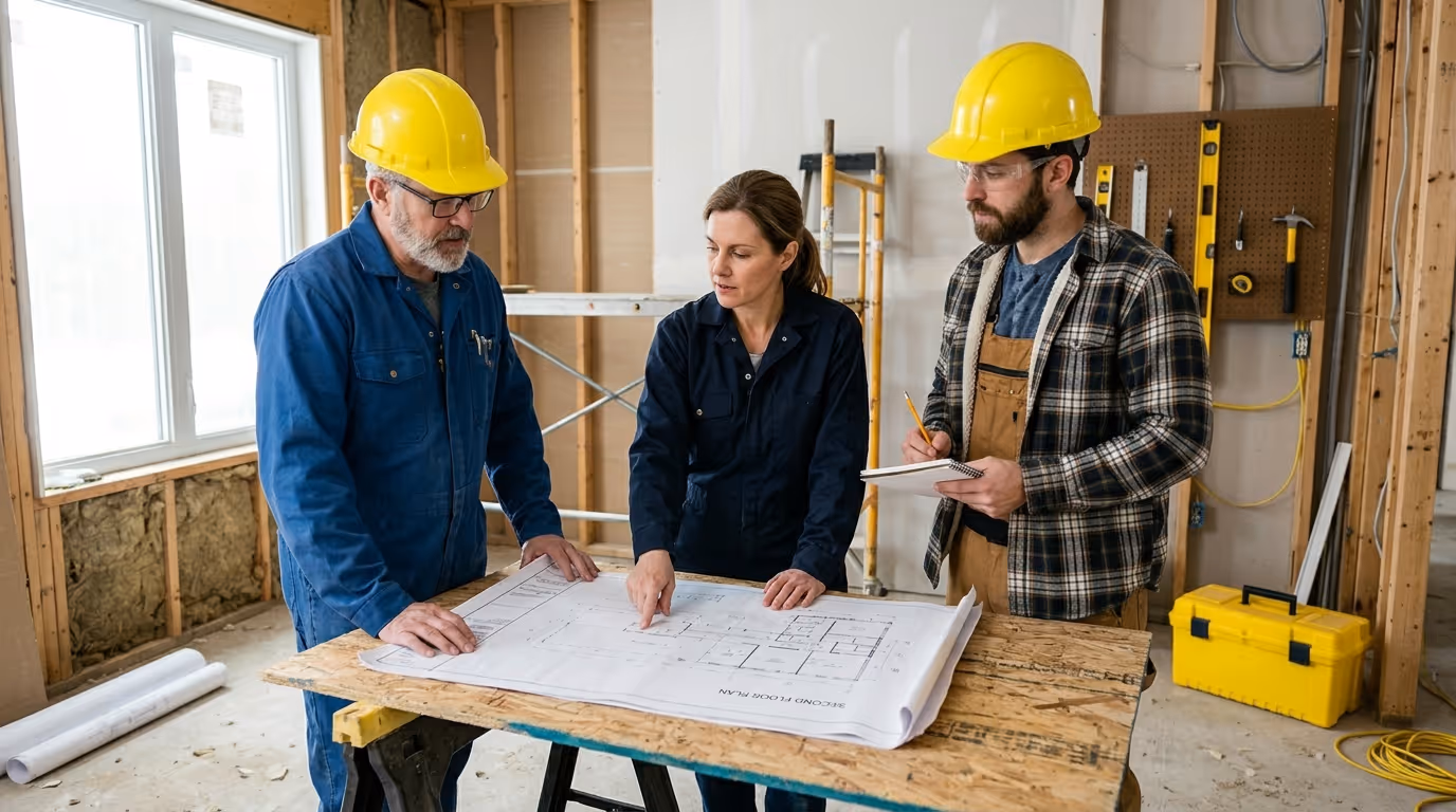 Three construction workers wearing safety helmets and work clothes reviewing a floor plan on a plywood table inside an unfinished building.