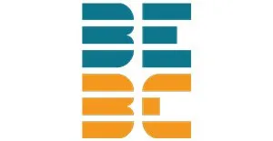 Stylized text logo with letters BE in teal and BC in orange, each letter formed by horizontal stripes.