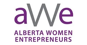 Logo of Alberta Women Entrepreneurs with stylized letters aWe in purple and grey.