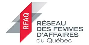 Logo of Réseau des Femmes d’Affaires du Québec with a red vertical bar containing the letters RFAQ and overlapping gray geometric shapes.