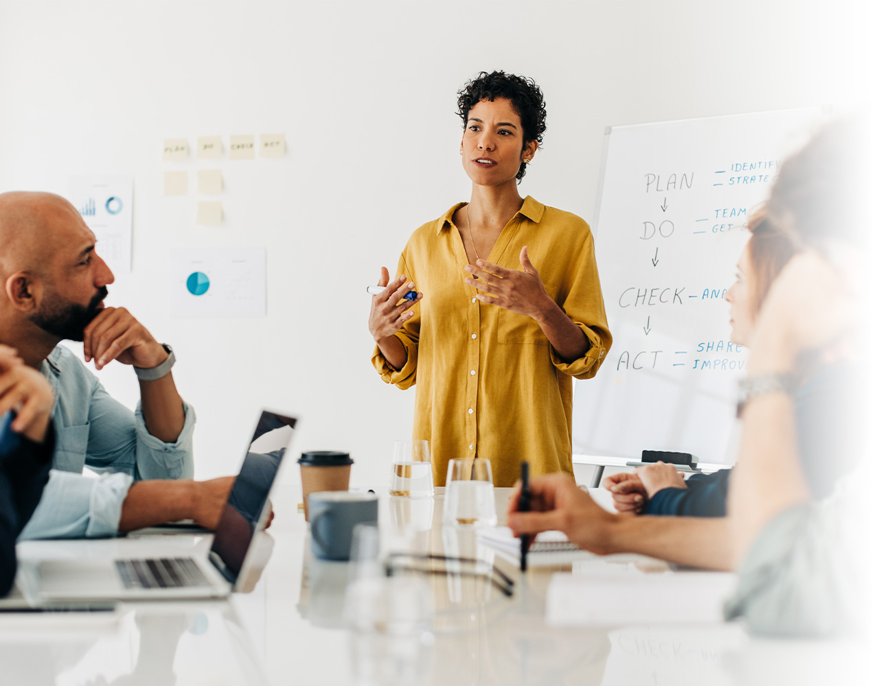 Woman in a mustard shirt presenting to colleagues in a meeting room with a whiteboard showing a plan-do-check-act process.
