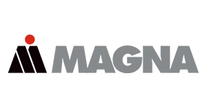 Magna company logo with black and red geometric symbol and grey text.