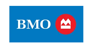 BMO logo with white text and a red circular emblem on a blue background.