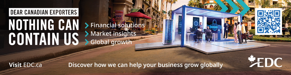 Outdoor urban scene with a modern blue and white open booth where people discuss financial solutions, market insights, and global growth for Canadian exporters, featuring EDC logo and a QR code.