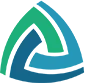 Triangular abstract logo with interlocking curved shapes in blue and green.