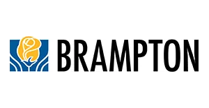 City of Brampton logo with stylized yellow flower in blue square and black text reading Brampton.