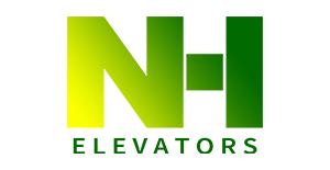NH Elevator logo with green gradient letters and tagline 'MOVING PASSION'.