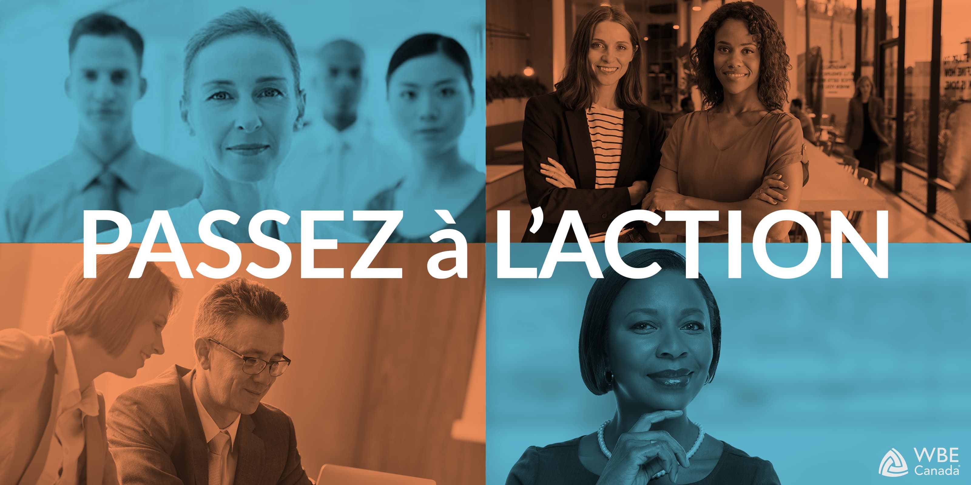 Collage of diverse professionals, with the French phrase 'Passez à l'action' meaning 'Take action', and WBE Canada logo.