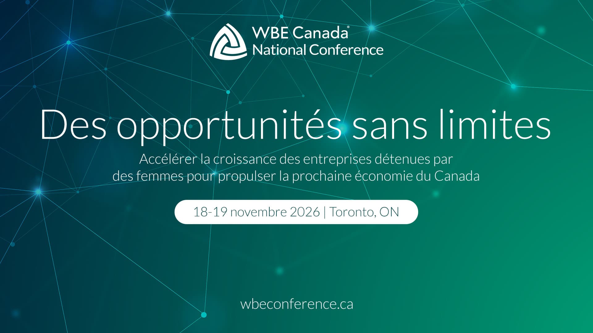 WBE Canada National Conference invitation with event details: November 18-19, 2026, Toronto, ON, on a teal network background.
