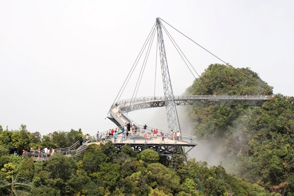 Amazing cable supported bridge between two mountain peaks in Langkawi. You get amazing views of the island ,ocean and the beaches from the top. The bridge is supported by a single extremely tall pillar which starts from the base of the mountain.
