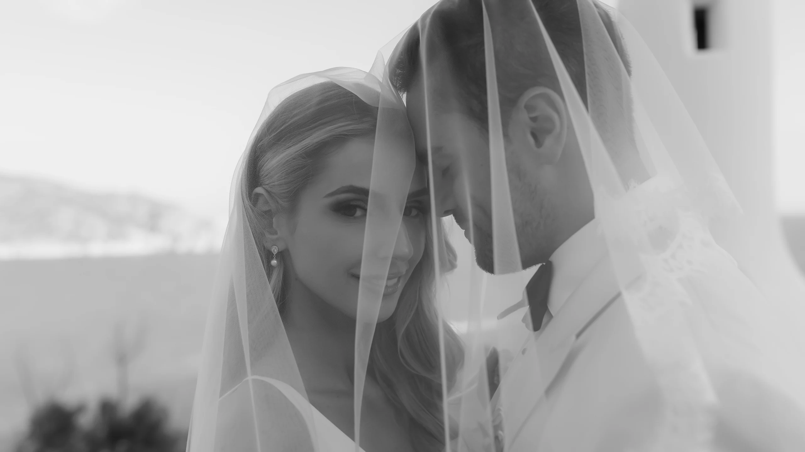 Bride and groom softly touching foreheads under a bridal veil in a romantic wedding portrait.