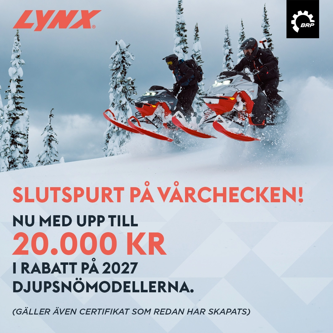 Lynx 2027 snöskoter i vintermiljö – säkra din nya 2027 Lynx hos Cubic och spara upp till 11 500 kr under vårens förhandsbokning.