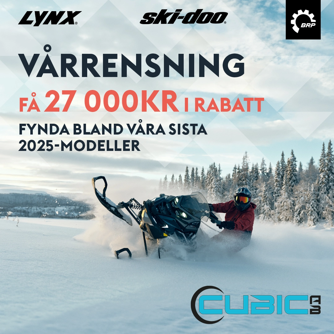 Ski-Doo och Lynx snöskotrar modellår 2025 i Cubics lagerkampanj med upp till 27 000 kr rabatt.