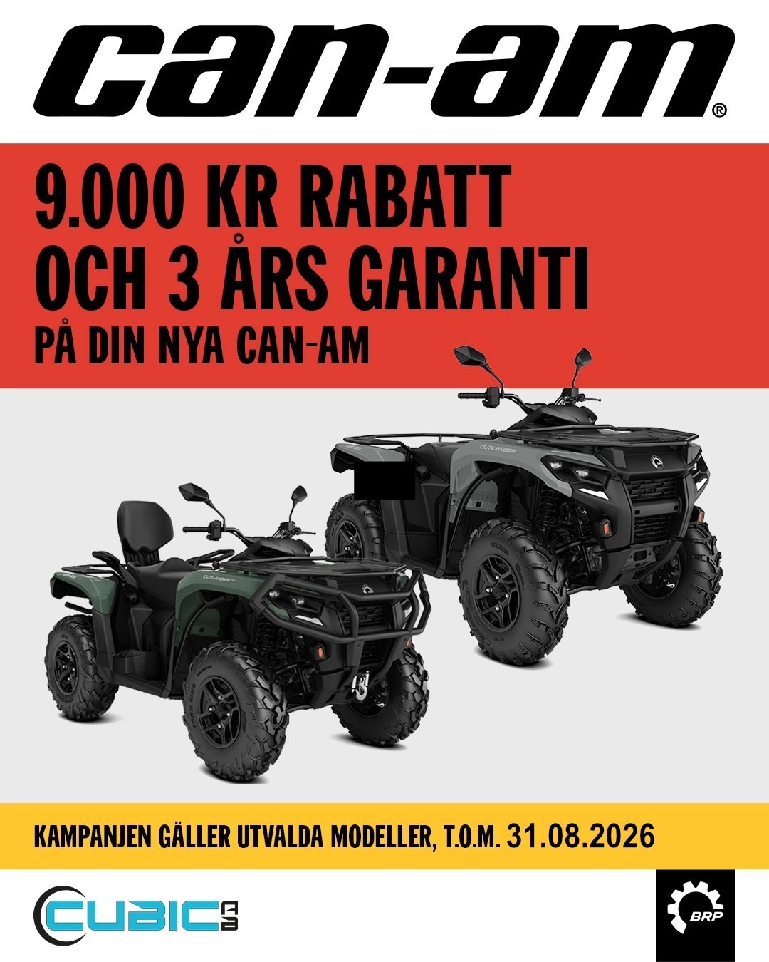 Can-Am Outlander ATV i körning på gräsfält – 9 000 kr rabatt och 3 års garanti kampanj